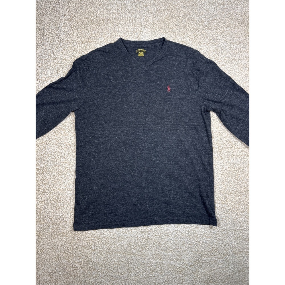 Polo Ralph Lauren Mens Charcoal Gray Cotton V-Neck L/S Size Medium Pony Logo